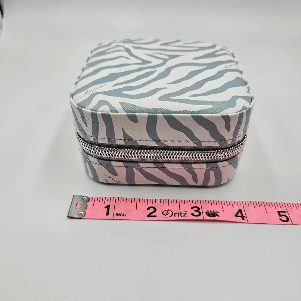 Milly‎ Blue Zebra Print Traveling Jewelry Case Mini Square Zip Organizer Mirror